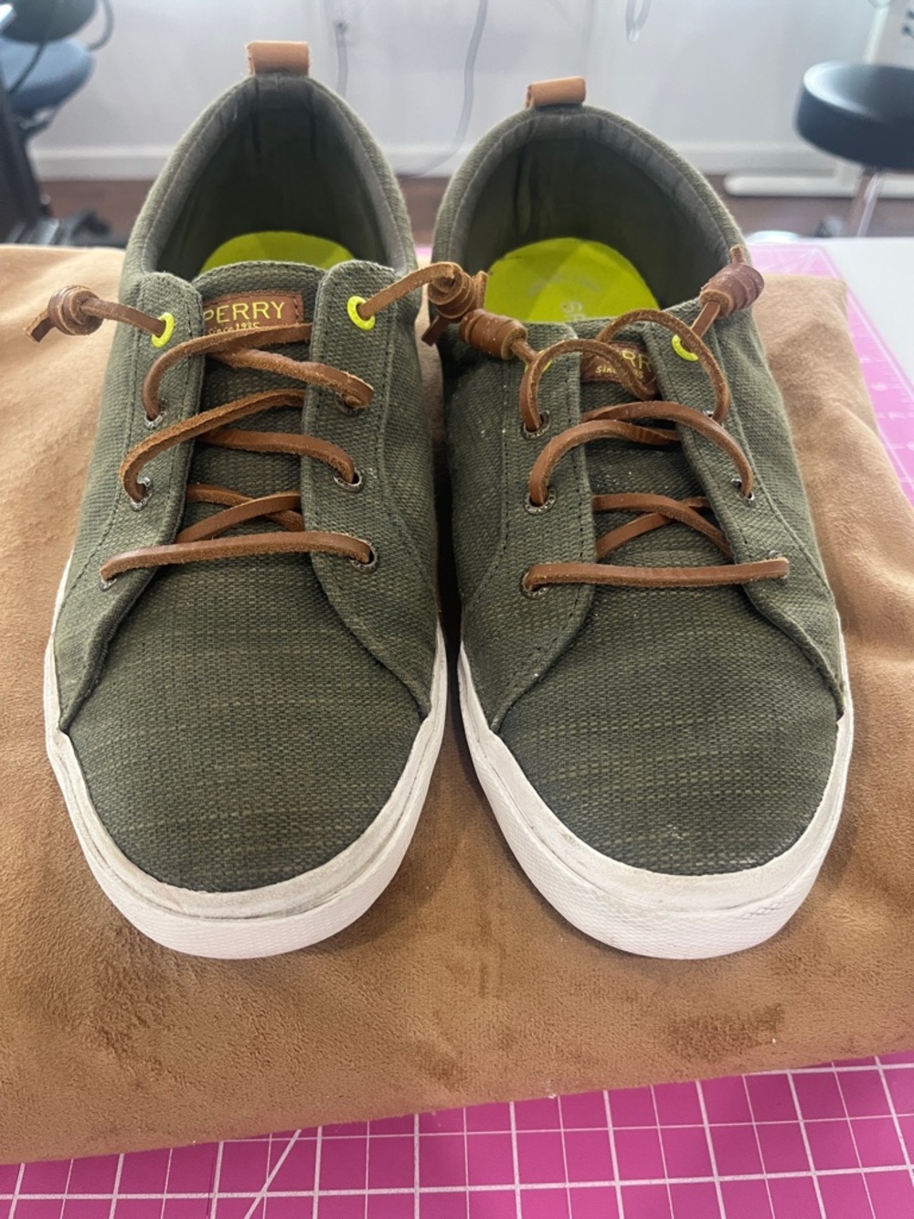 Sperry Olive Canvas Casual Lace-Up Flats with Brown Accents